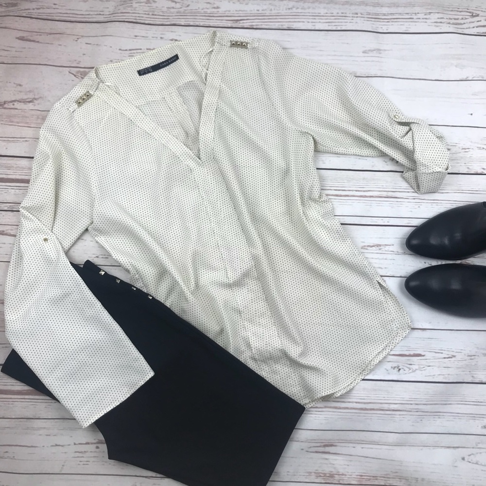 Zara polka Dot V-Neck Linen Sleeve Blouse